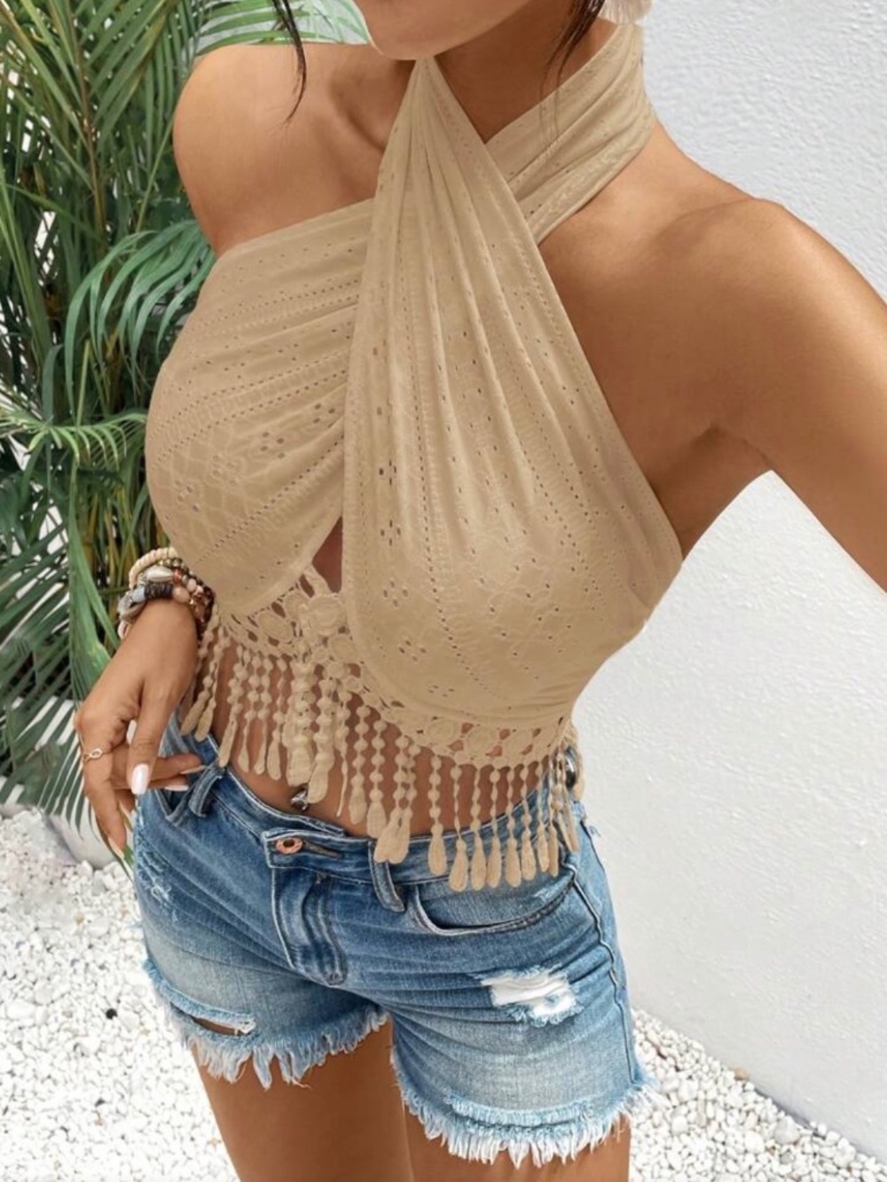 Boho Eyelet Open Front Fringe Cropped Top Black